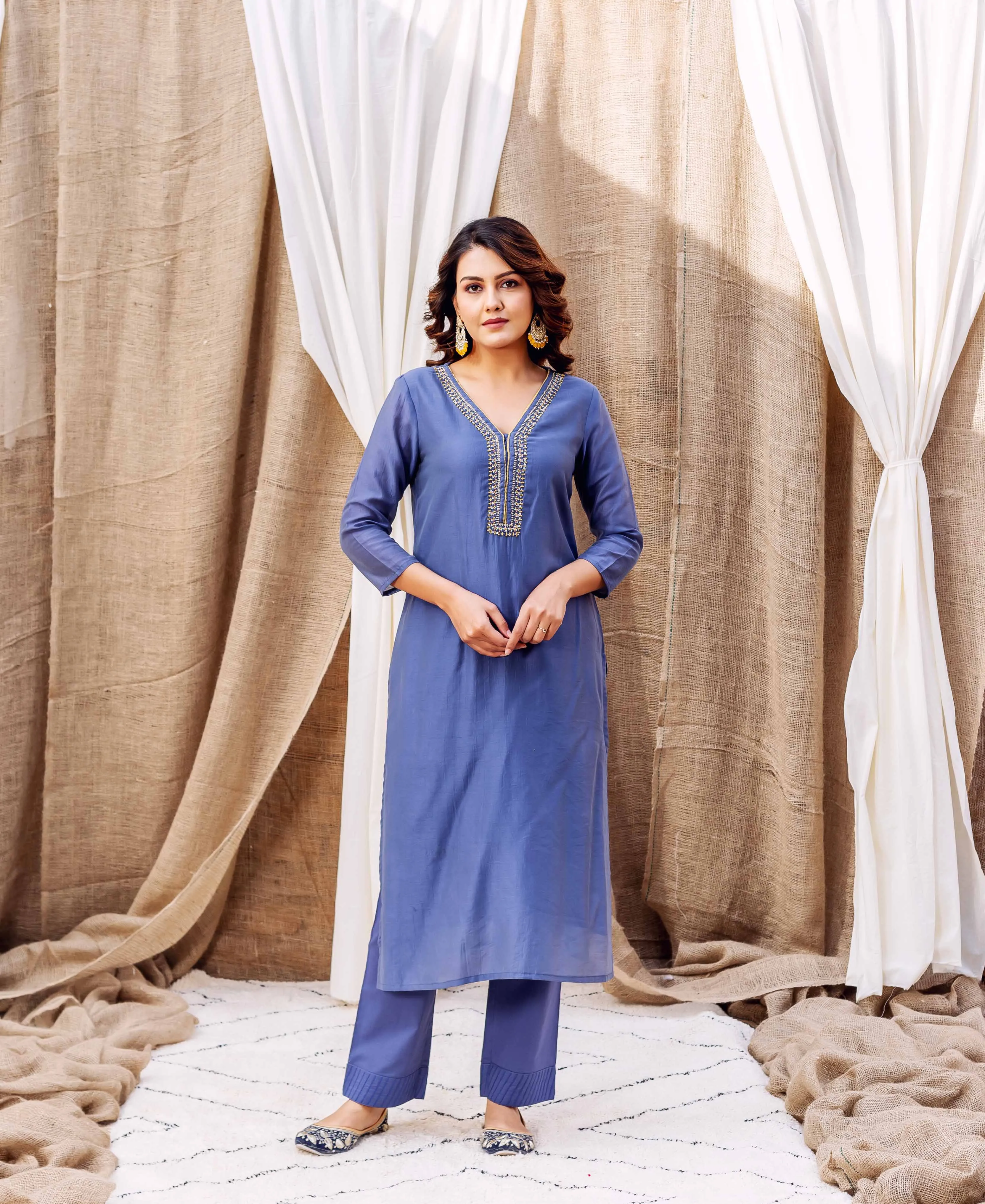 Turvi Steel Blue Chanderi Kurta