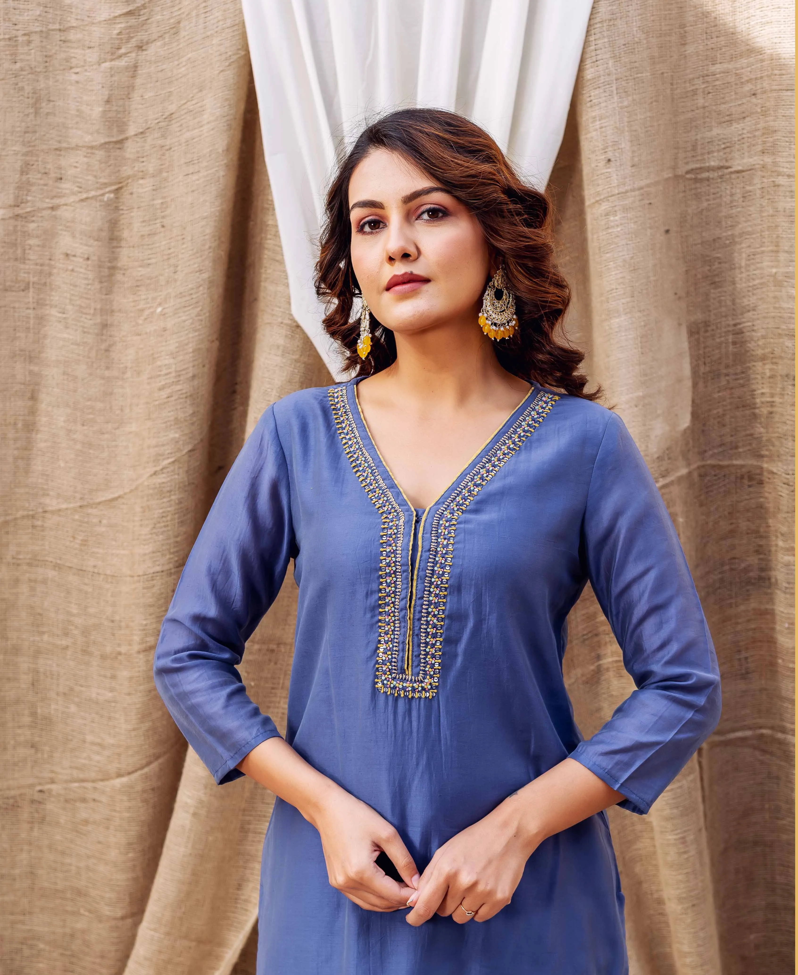 Turvi Steel Blue Chanderi Kurta