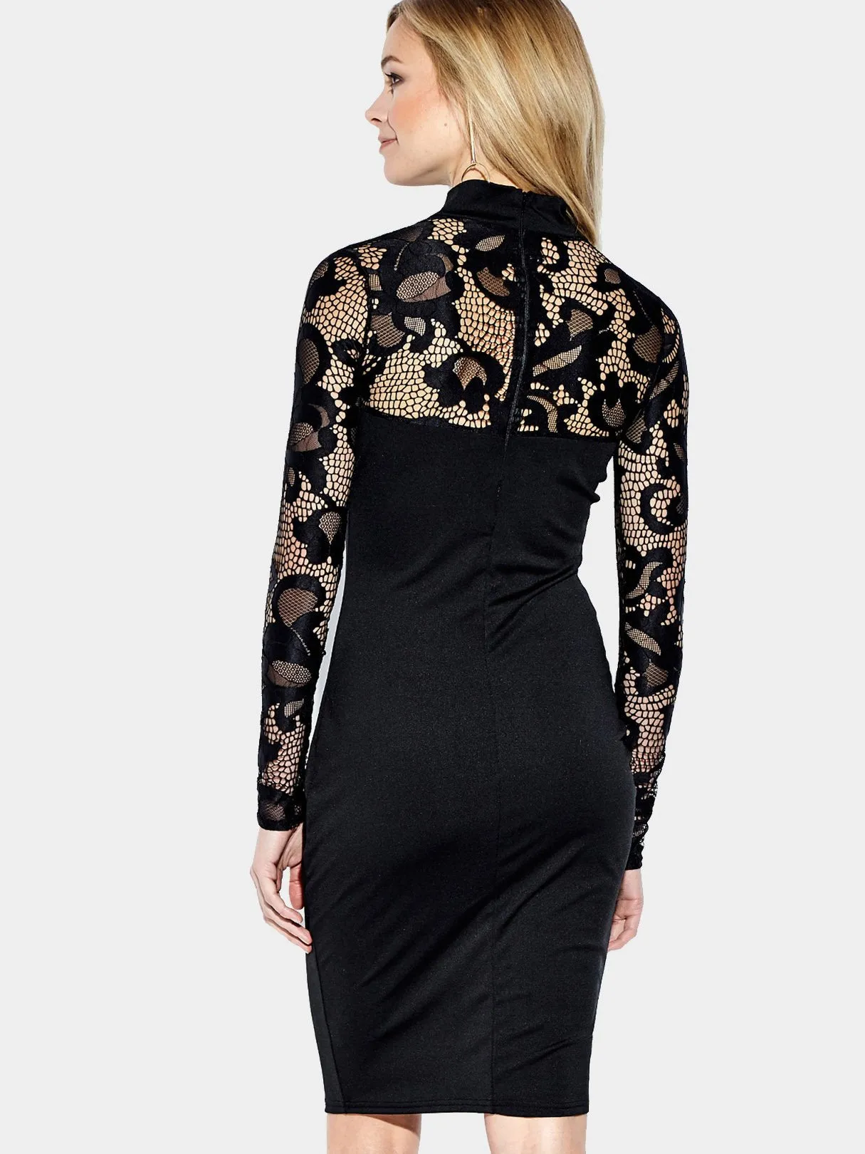 Wholesale Black Crew Neck Long Sleeve Plain Lace Dresses