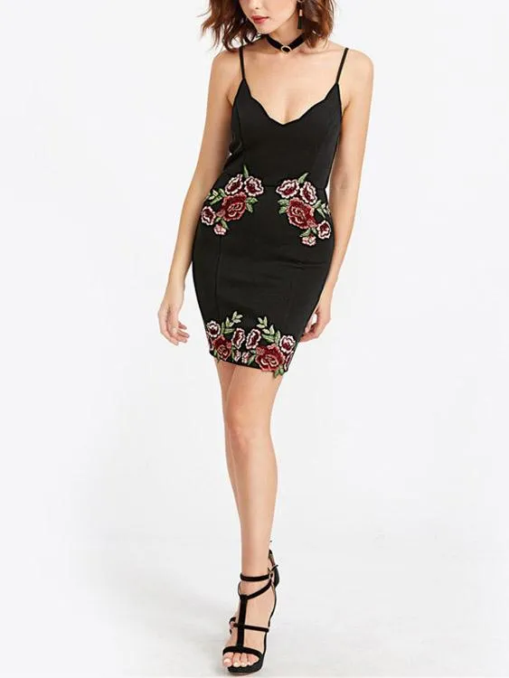 Wholesale Black V-Neck Embroidered Dresses