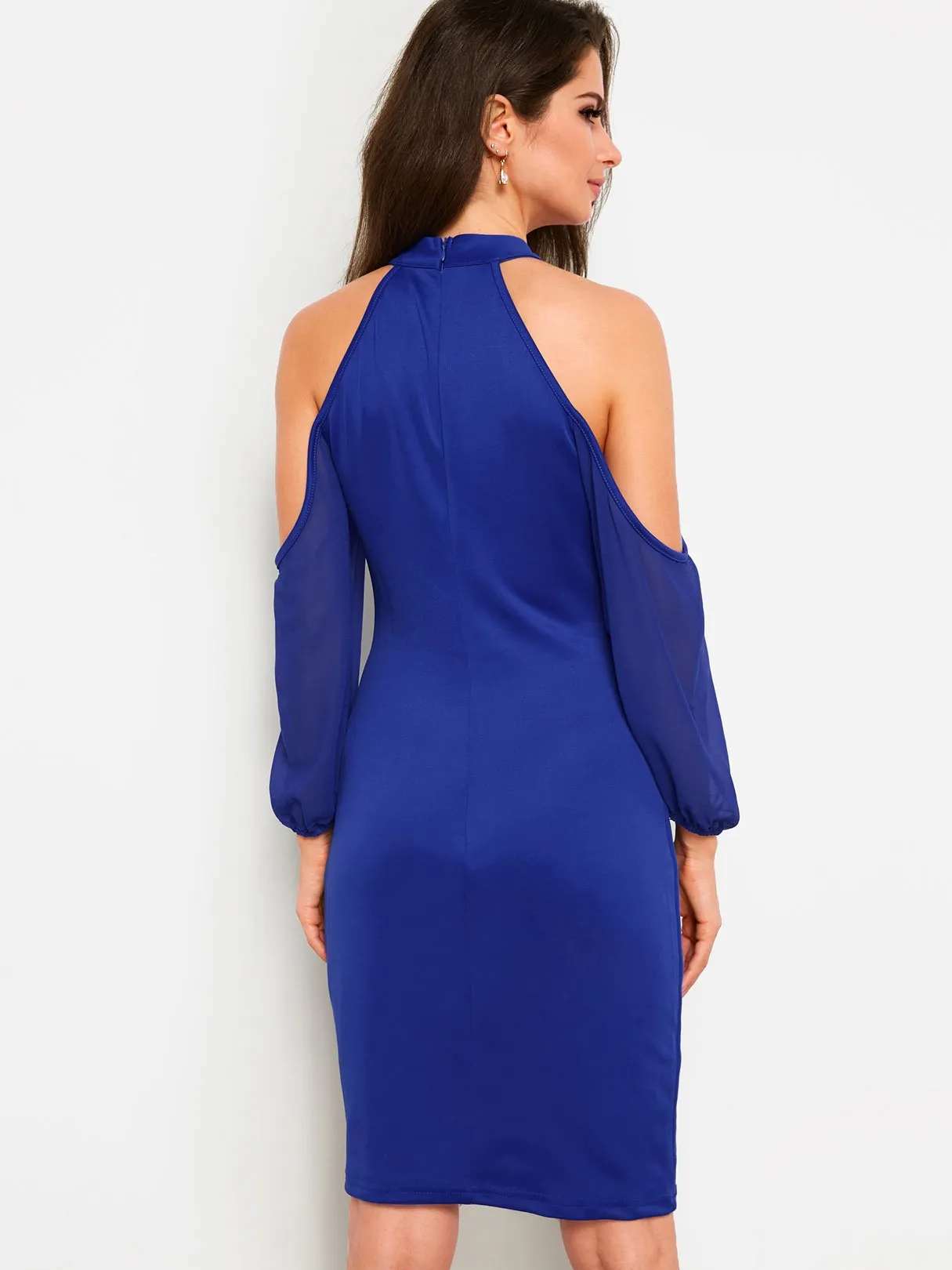 Wholesale Blue Cold Shoulder Long Sleeve Zip Back Cut Out Dresses