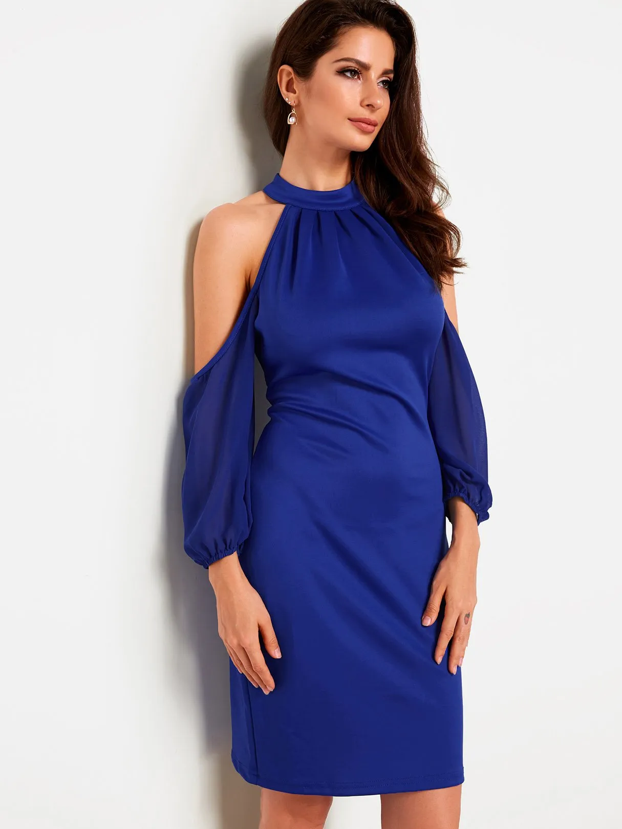 Wholesale Blue Cold Shoulder Long Sleeve Zip Back Cut Out Dresses