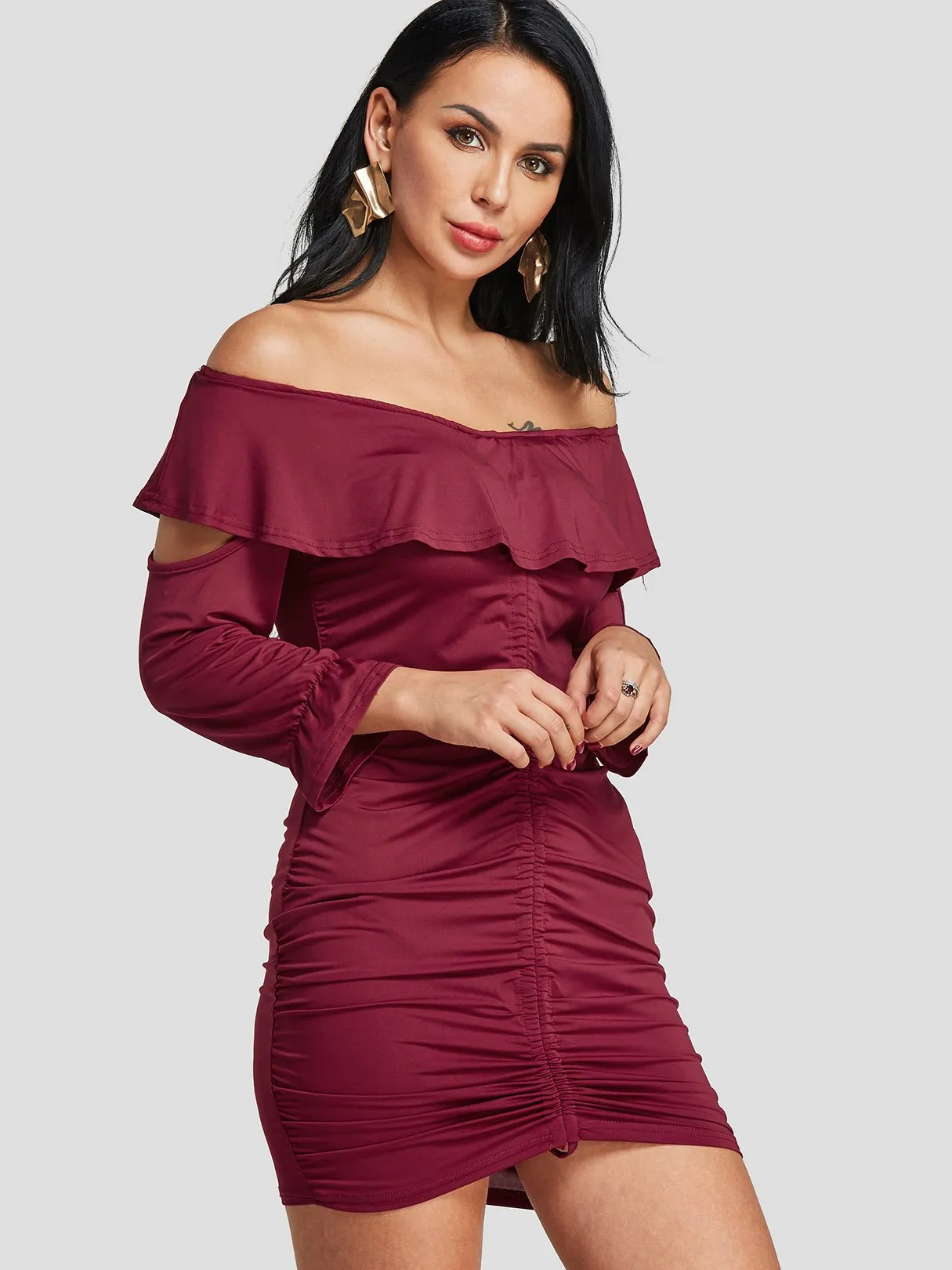 Wholesale Burgundy Off The Shoulder Long Sleeve Cut Out Bodycon Dresses