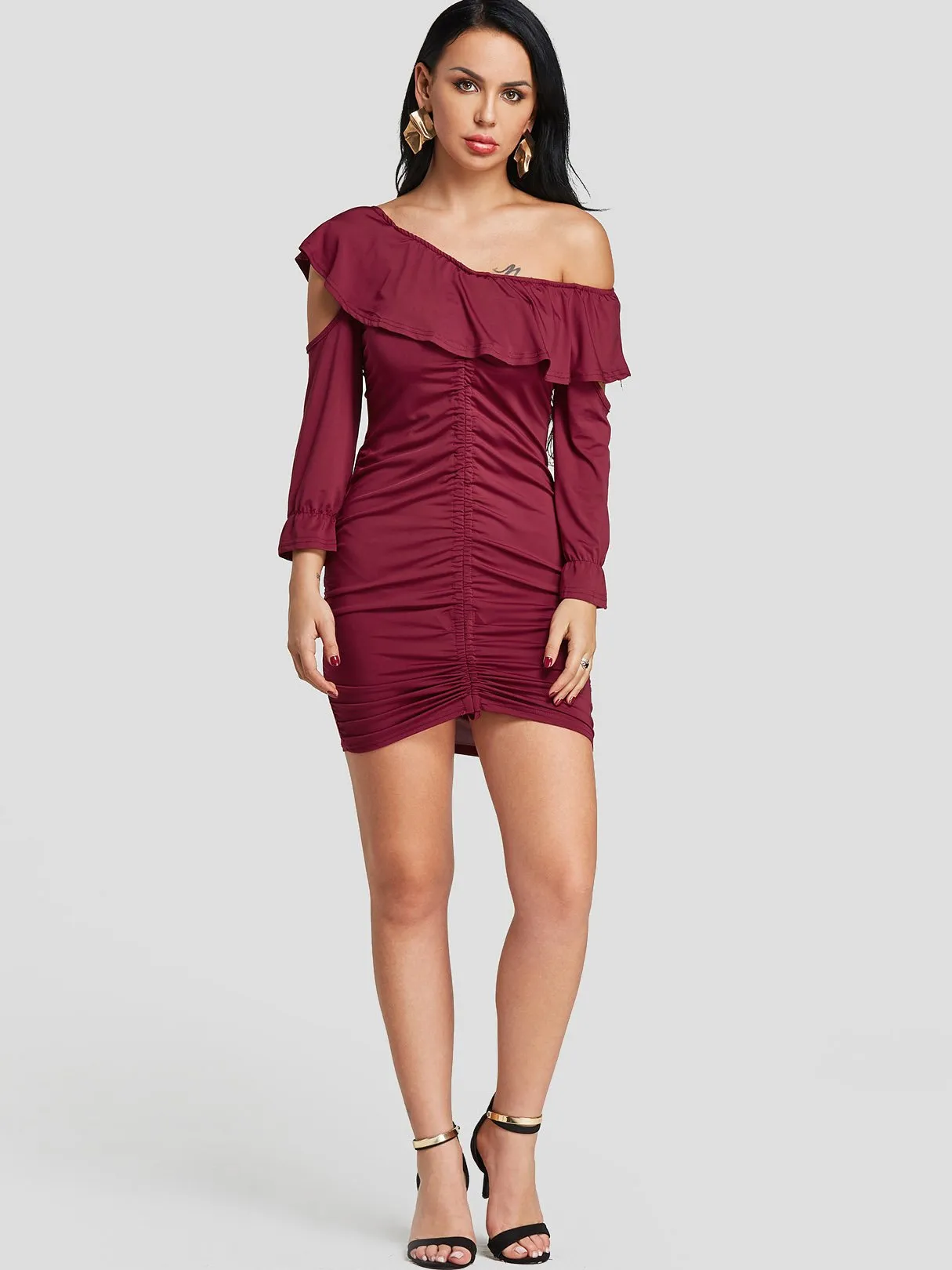 Wholesale Burgundy Off The Shoulder Long Sleeve Cut Out Bodycon Dresses