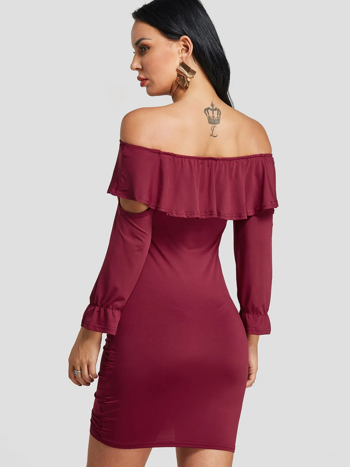 Wholesale Burgundy Off The Shoulder Long Sleeve Cut Out Bodycon Dresses