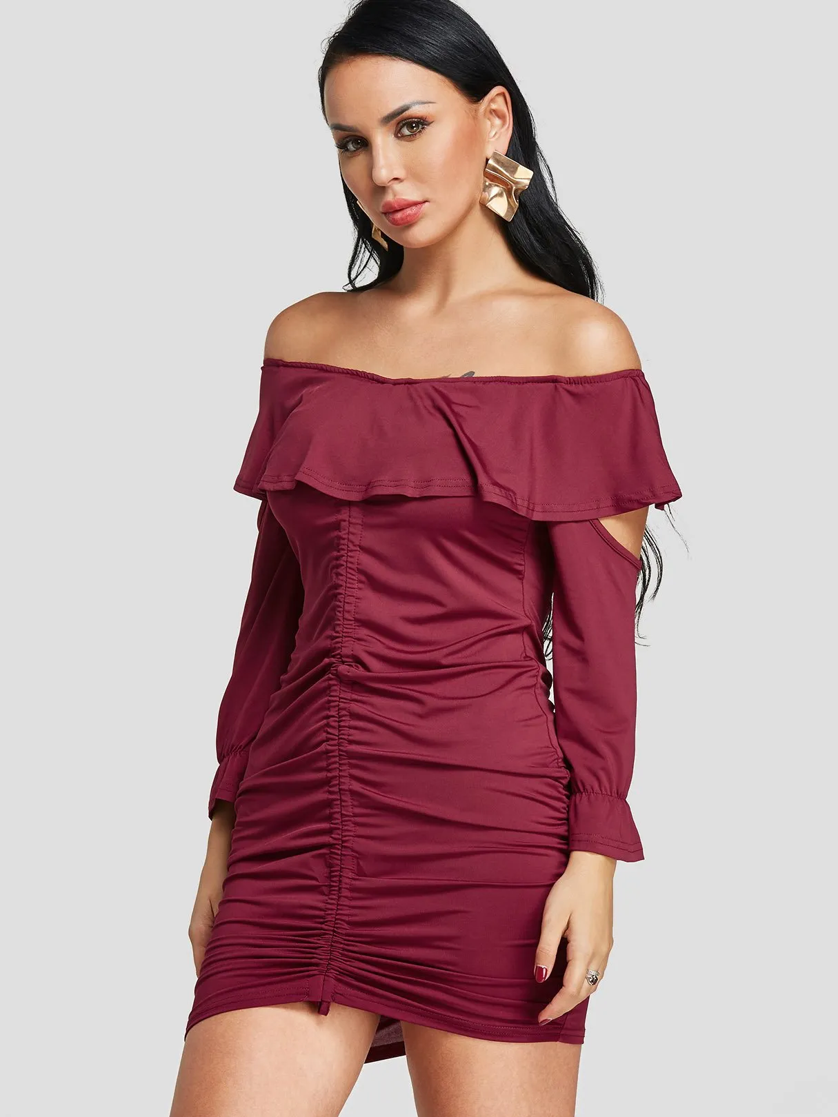 Wholesale Burgundy Off The Shoulder Long Sleeve Cut Out Bodycon Dresses