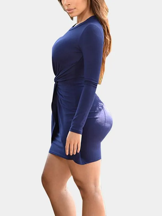 Wholesale Dark Blue Round Neck Long Sleeve Crossed Front Bodycon Dresses