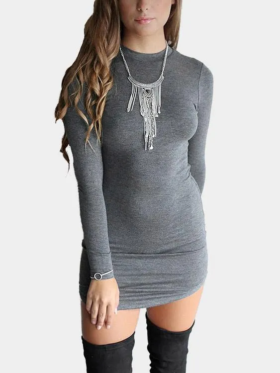 Wholesale Dark Grey Crew Neck Long Sleeve Plain Bodycon Dresses