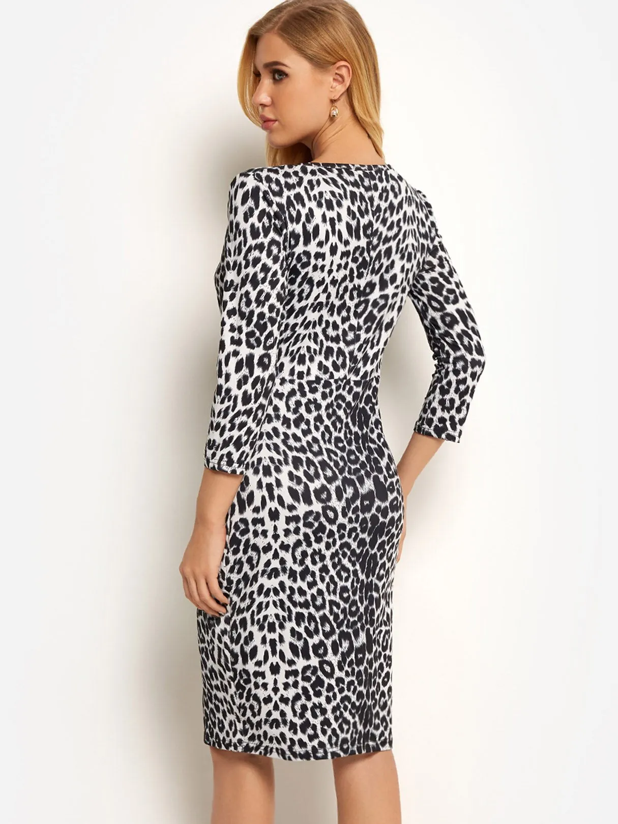 Wholesale Grey V-Neck 3/4 Length Sleeve Leopard Bodycon Dresses