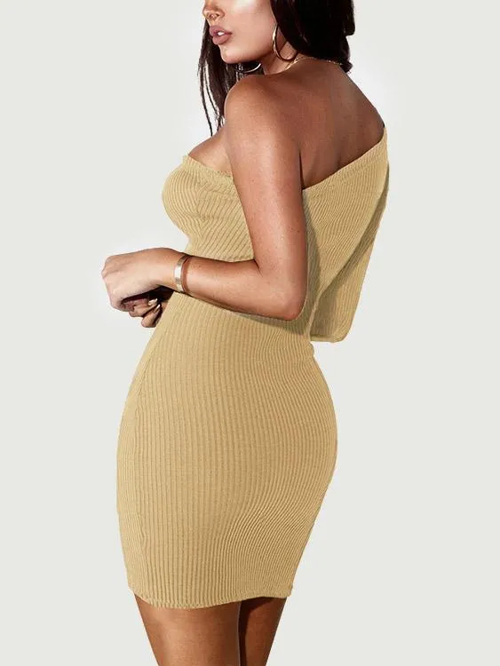 Wholesale One Shoulder Plain Bodycon Hem Beige Dresses