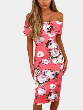 Wholesale Pink Off The Shoulder Floral Print Dresses