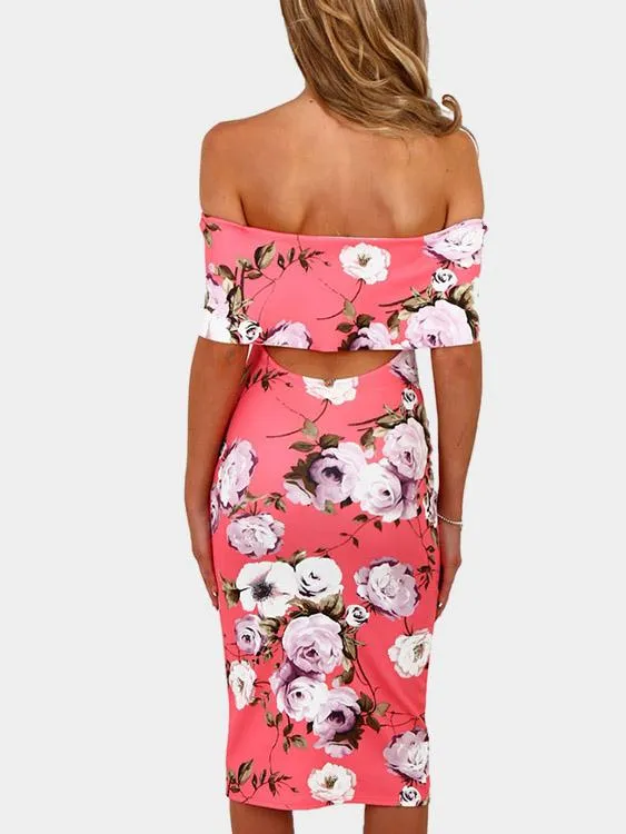 Wholesale Pink Off The Shoulder Floral Print Dresses