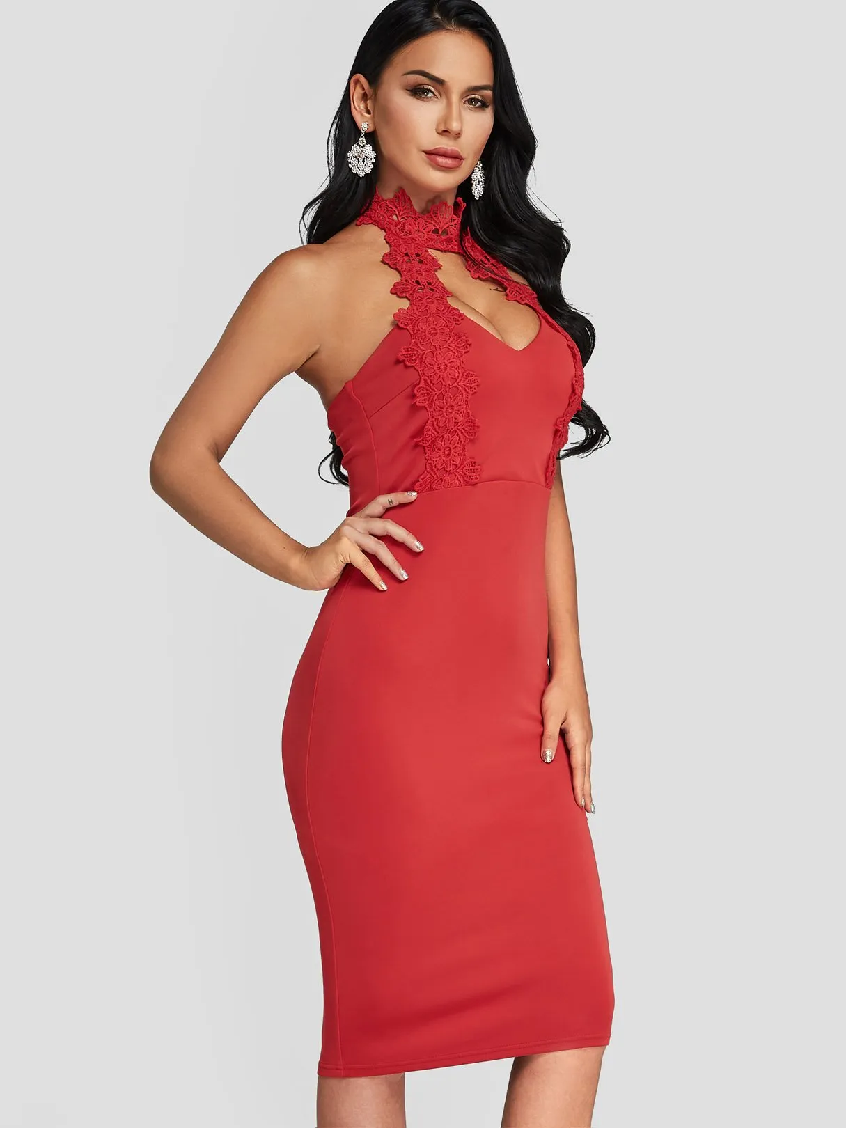 Wholesale Red Halter Sleeveless Plain Lace Cut Out Dresses