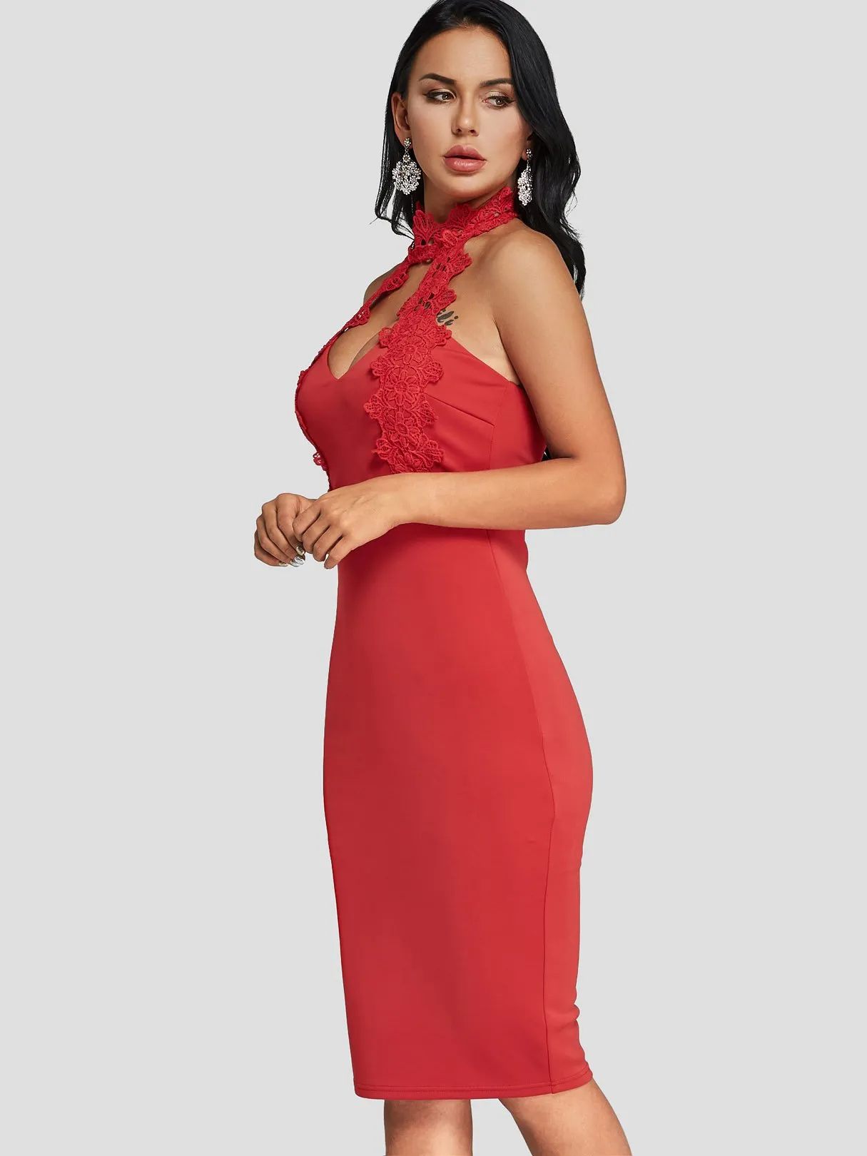 Wholesale Red Halter Sleeveless Plain Lace Cut Out Dresses