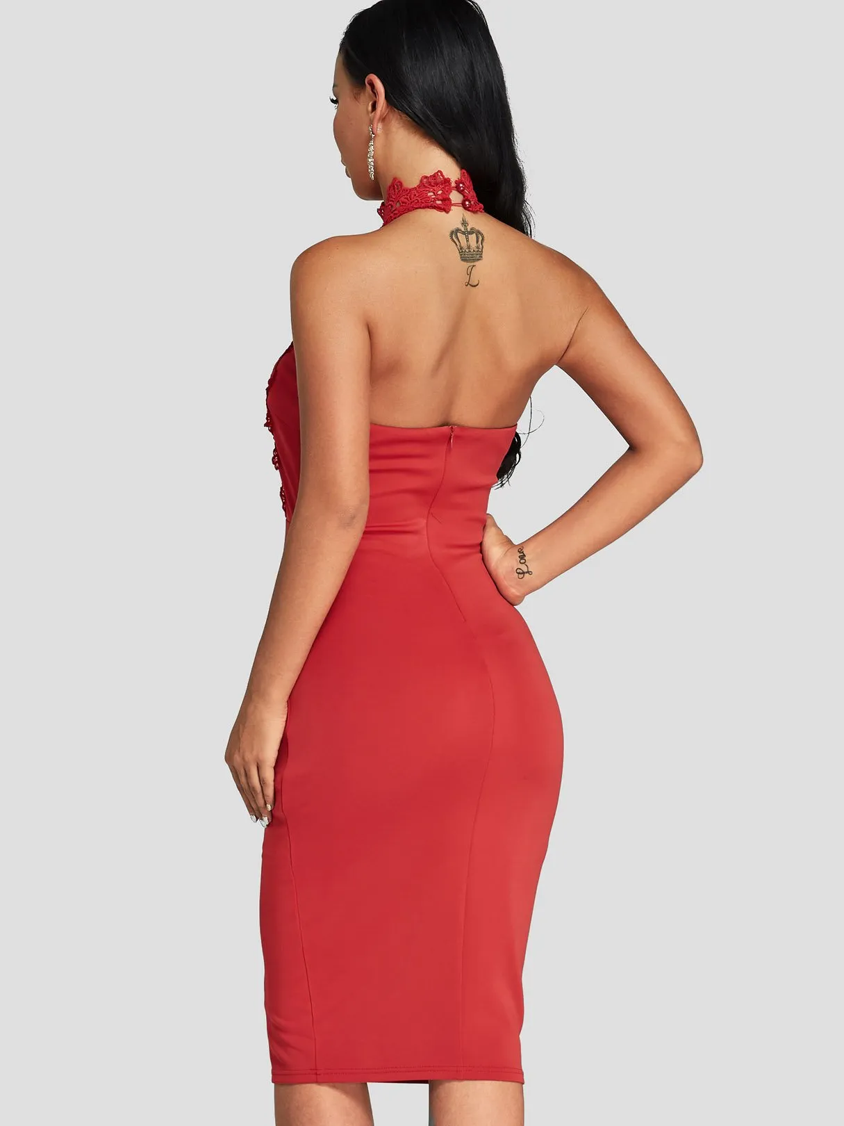 Wholesale Red Halter Sleeveless Plain Lace Cut Out Dresses