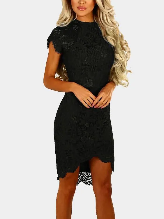 Wholesale Round Neck Short Sleeve Lace Zip Back Irregular Hem Dresses