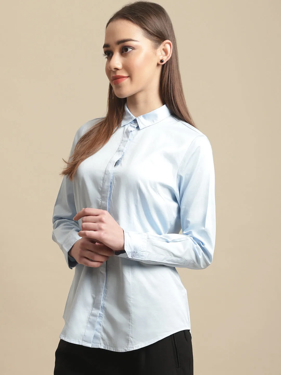 Women's Formal Slim Fit Sky Blue Regular Full Sleeve  Shirt