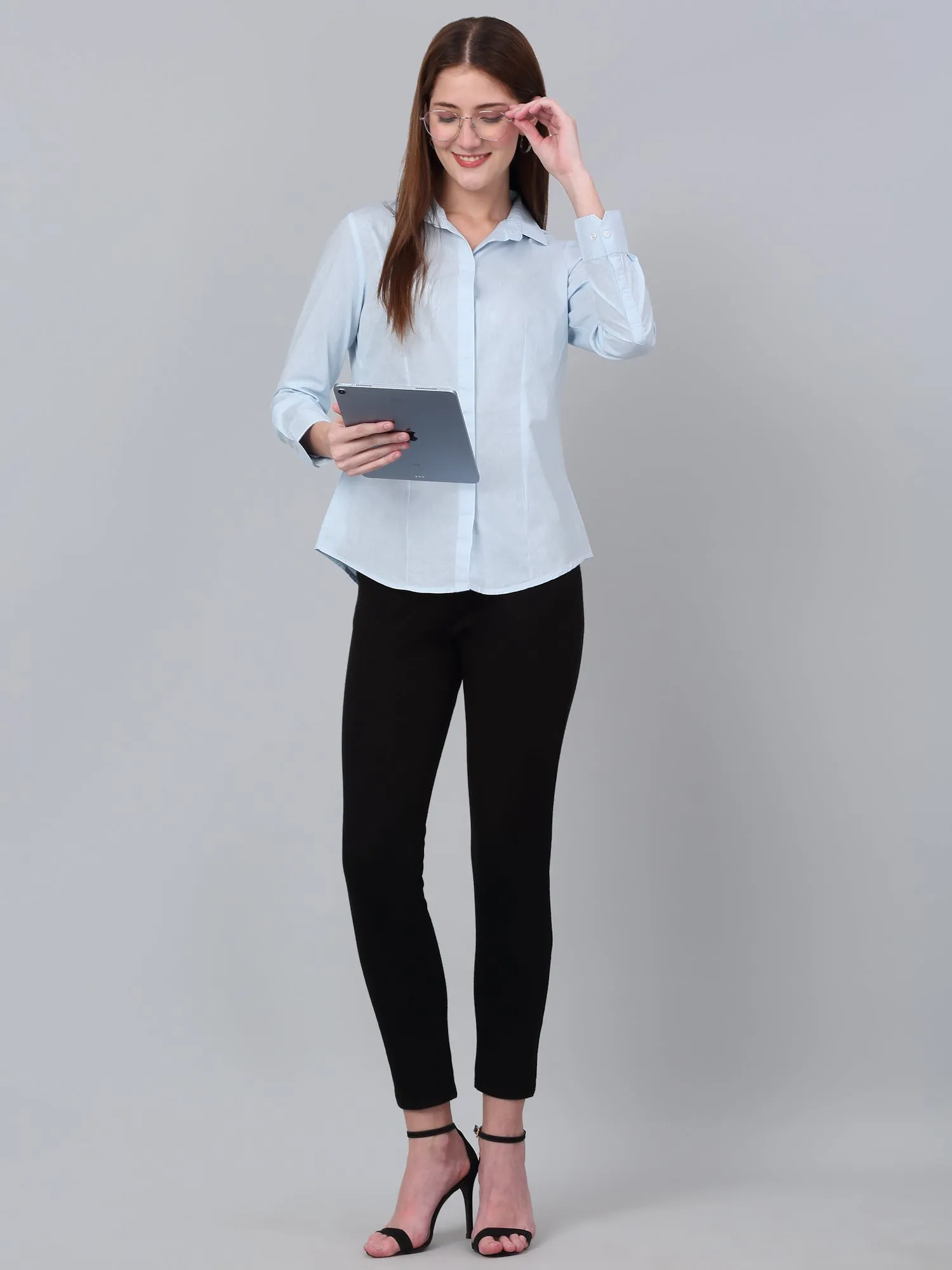 Women's Sky Blue Solid Formal Shirt